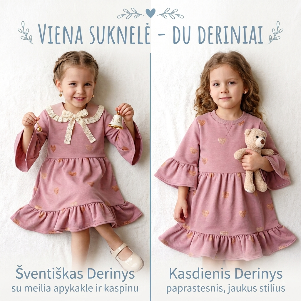 Rankų darbo, rožinė, romantiška suknelė su auksinėm širdelėm ir apykaklę "Švelnumas" 104d